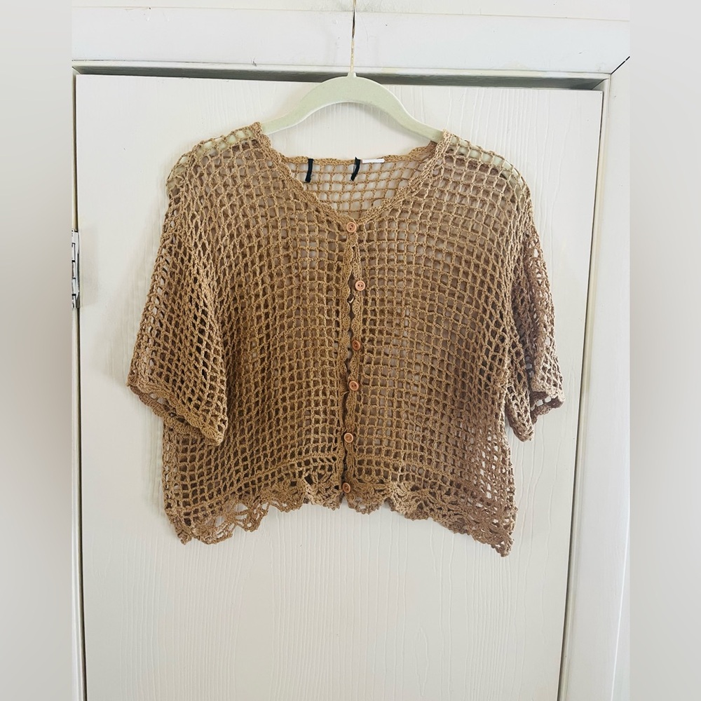 SOLD 💔90s Y2K crochet open weave crop grunge festival sweater M - Picture 1 of 6